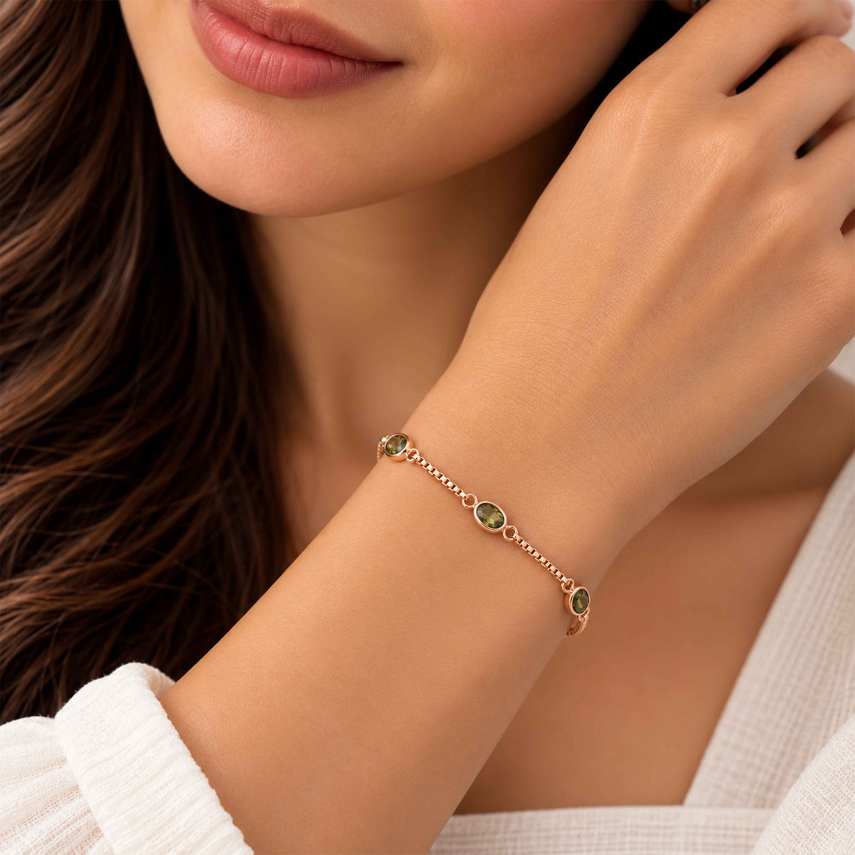 Olive Green Gemstone Box Chain Sterling Silver Bracelet