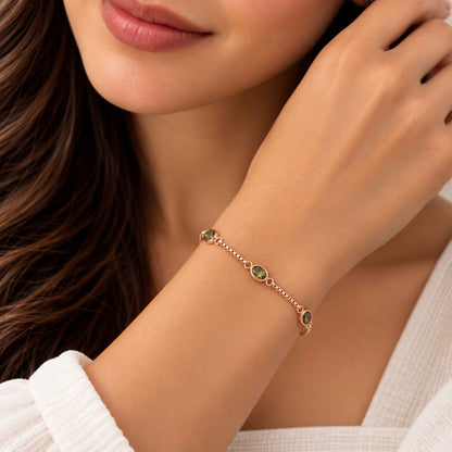 Olive Green Gemstone Box Chain Sterling Silver Bracelet