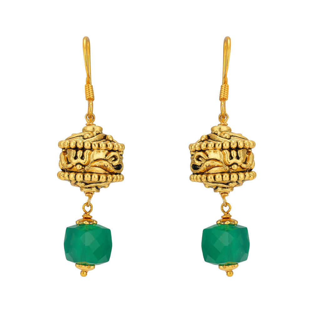 Om Reverence 925 Karat Green Beads Droplet Gold Plated Earrings
