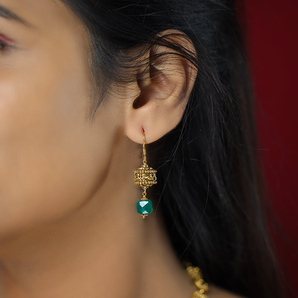Om Reverence 925 Karat Green Beads Droplet Gold Plated Earrings