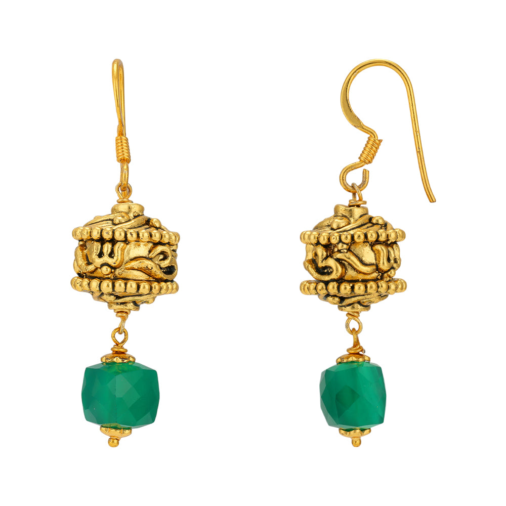 Om Reverence 925 Karat Green Beads Droplet Gold Plated Earrings