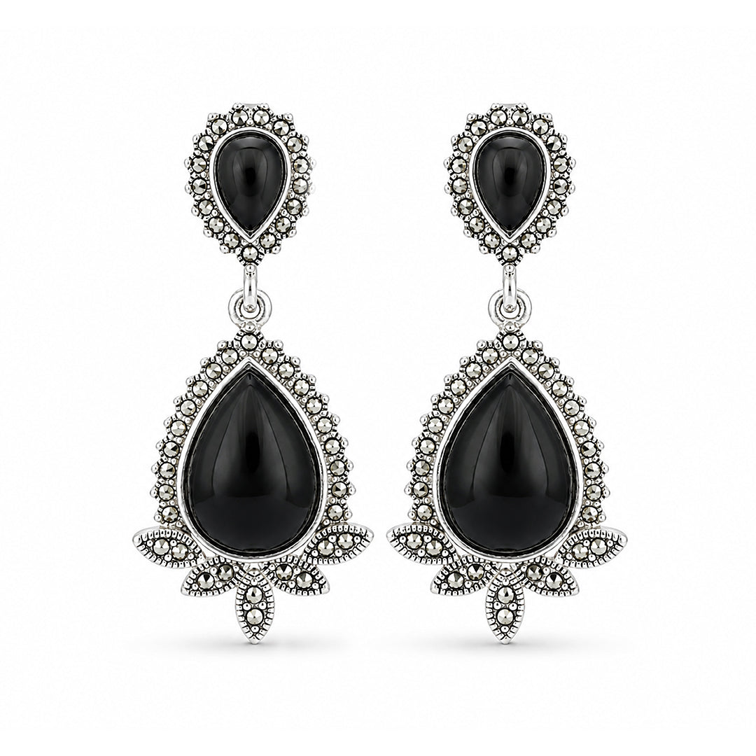 Onyx Royale 925 Sterling Silver Floral Statement Earrings