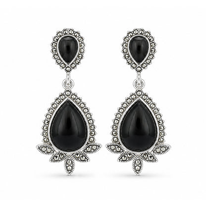 Onyx Royale 925 Sterling Silver Floral Statement Earrings