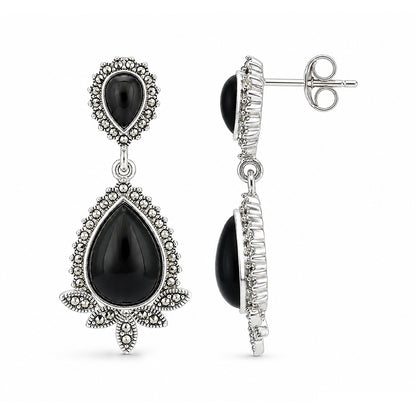 Onyx Royale 925 Sterling Silver Floral Statement Earrings