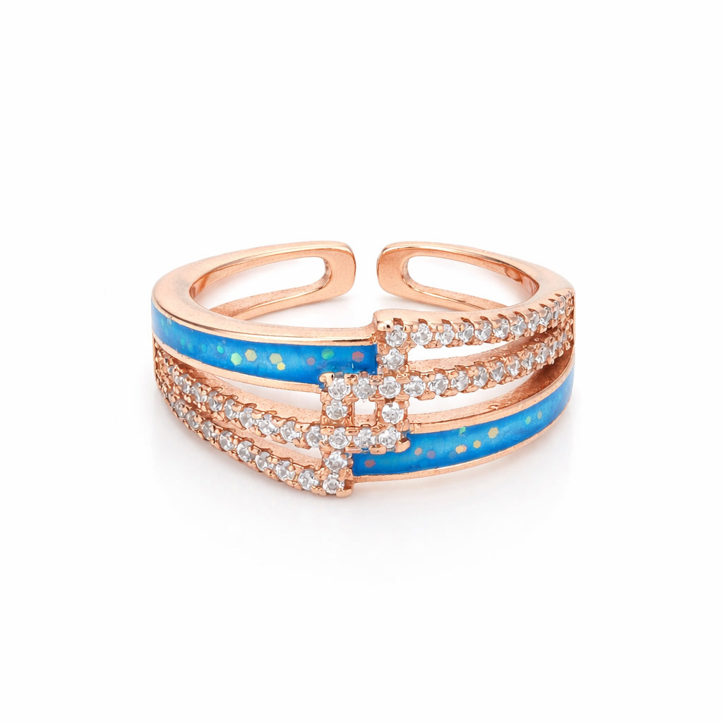 Open Cuff Blue Opal 925 Sterling Silver Rose Gold Ring for Women