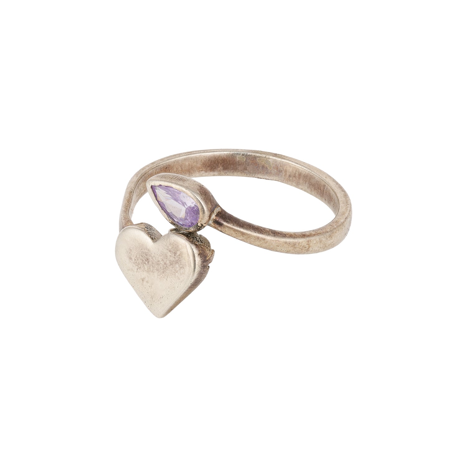 Open Heart Silver Ring with Purple Stone