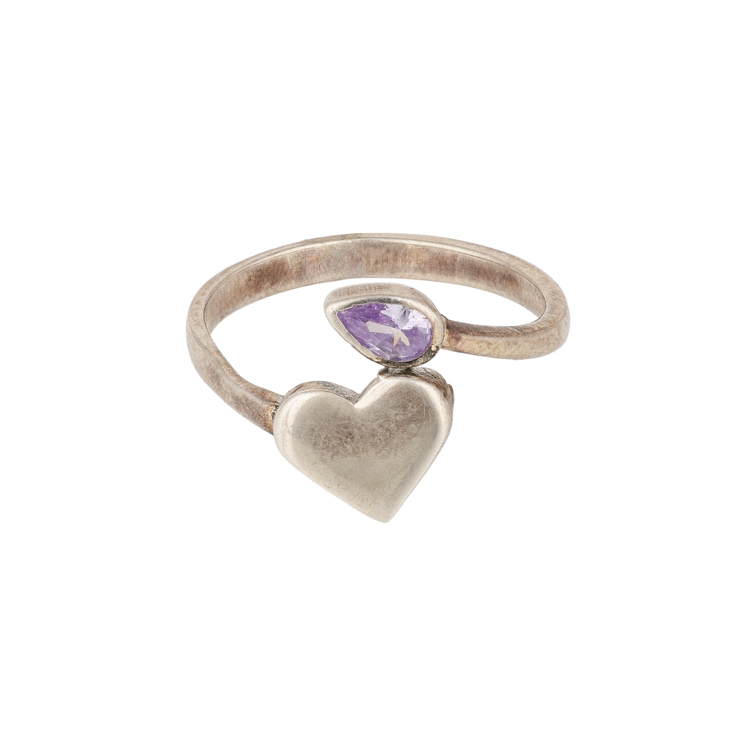 Open Heart Silver Ring with Purple Stone