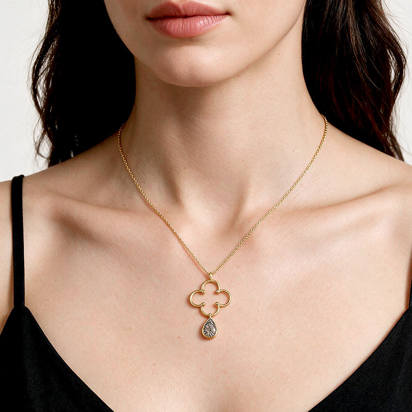 Open Clover Rutilated Quartz Silver Pendant Chain