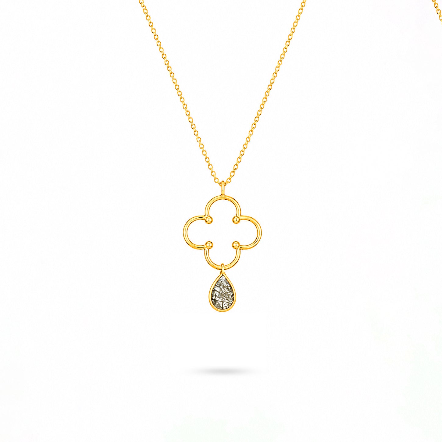 Open Clover Rutilated Quartz Silver Pendant Chain