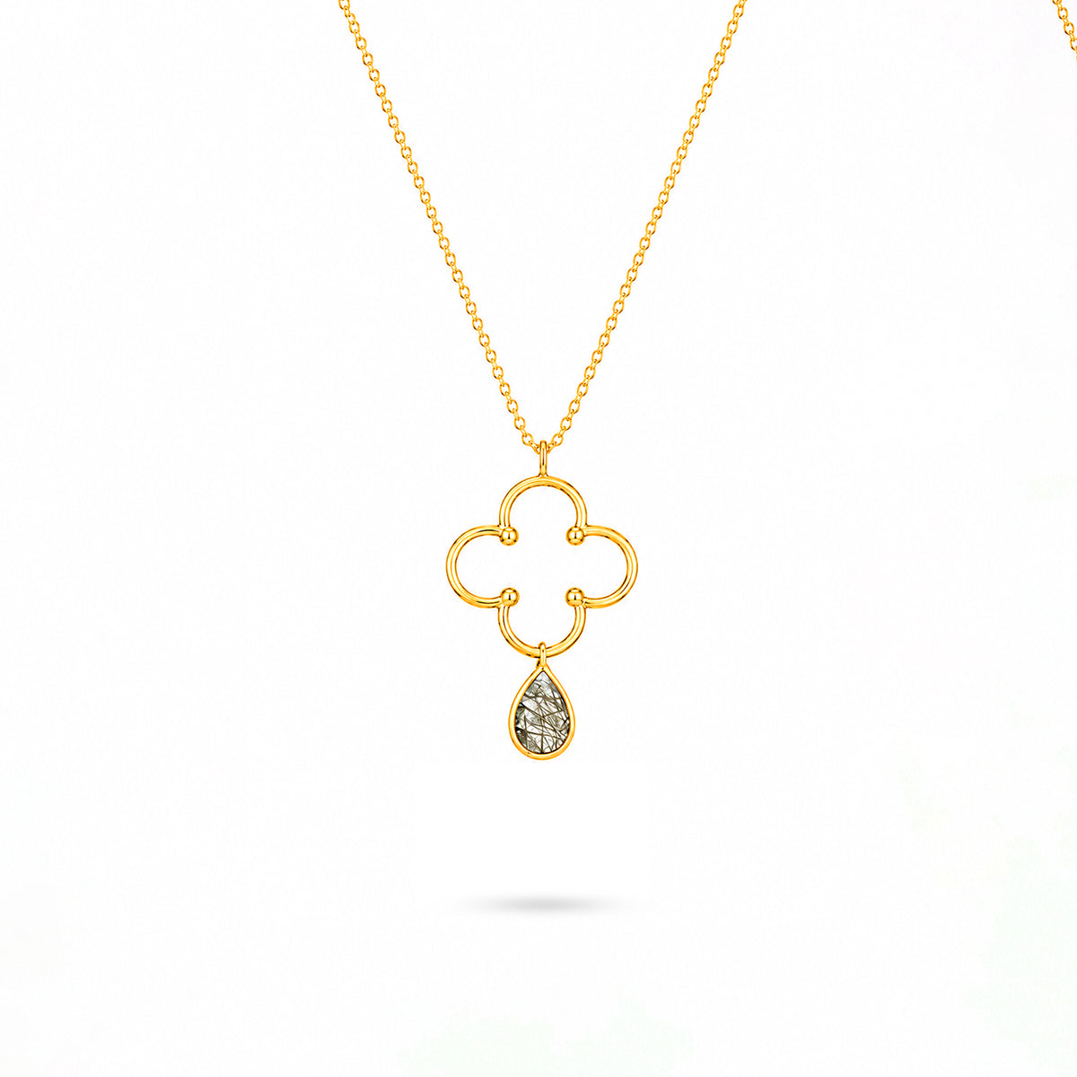 Open Clover Rutilated Quartz Silver Pendant Chain