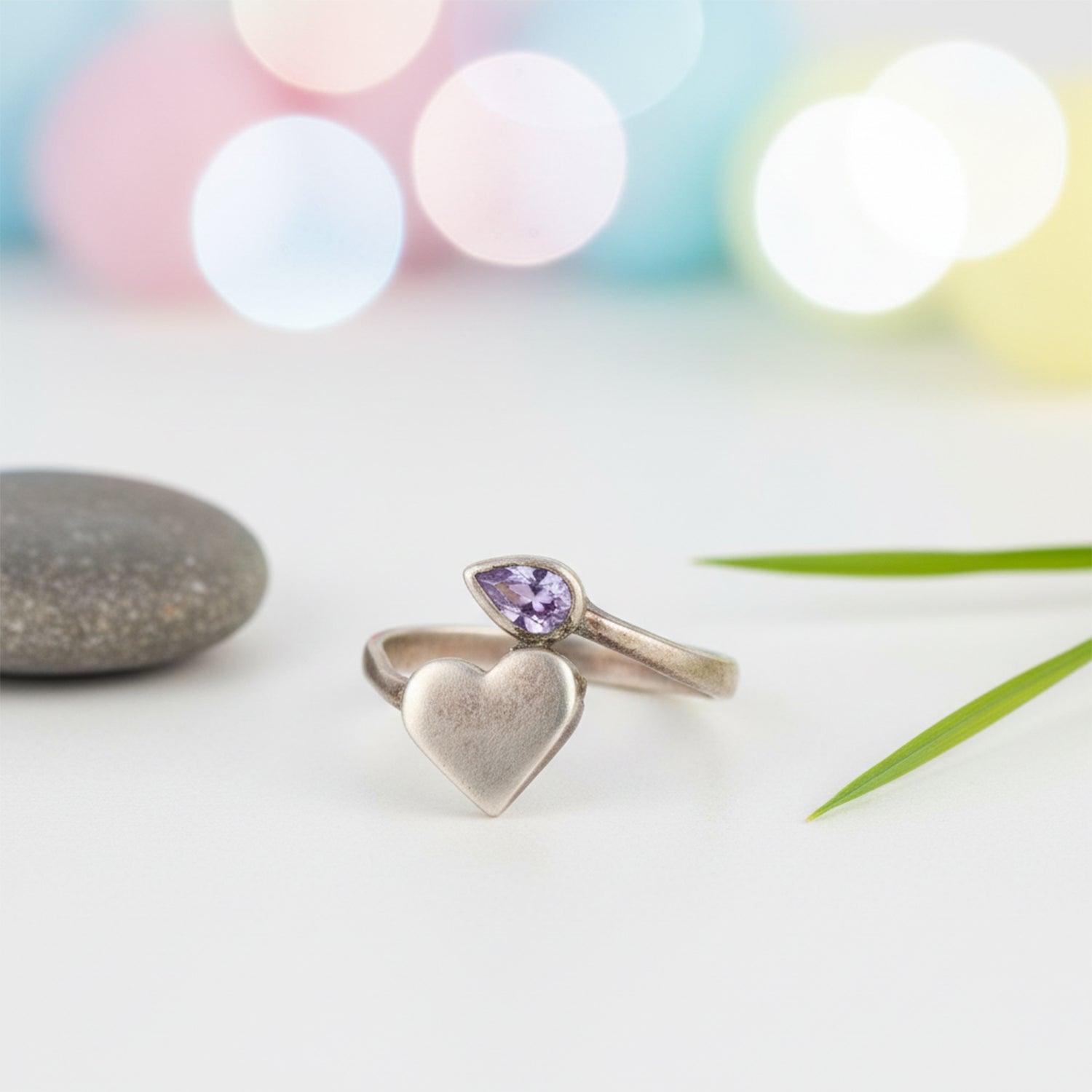 Open Heart Silver Ring with Purple Stone