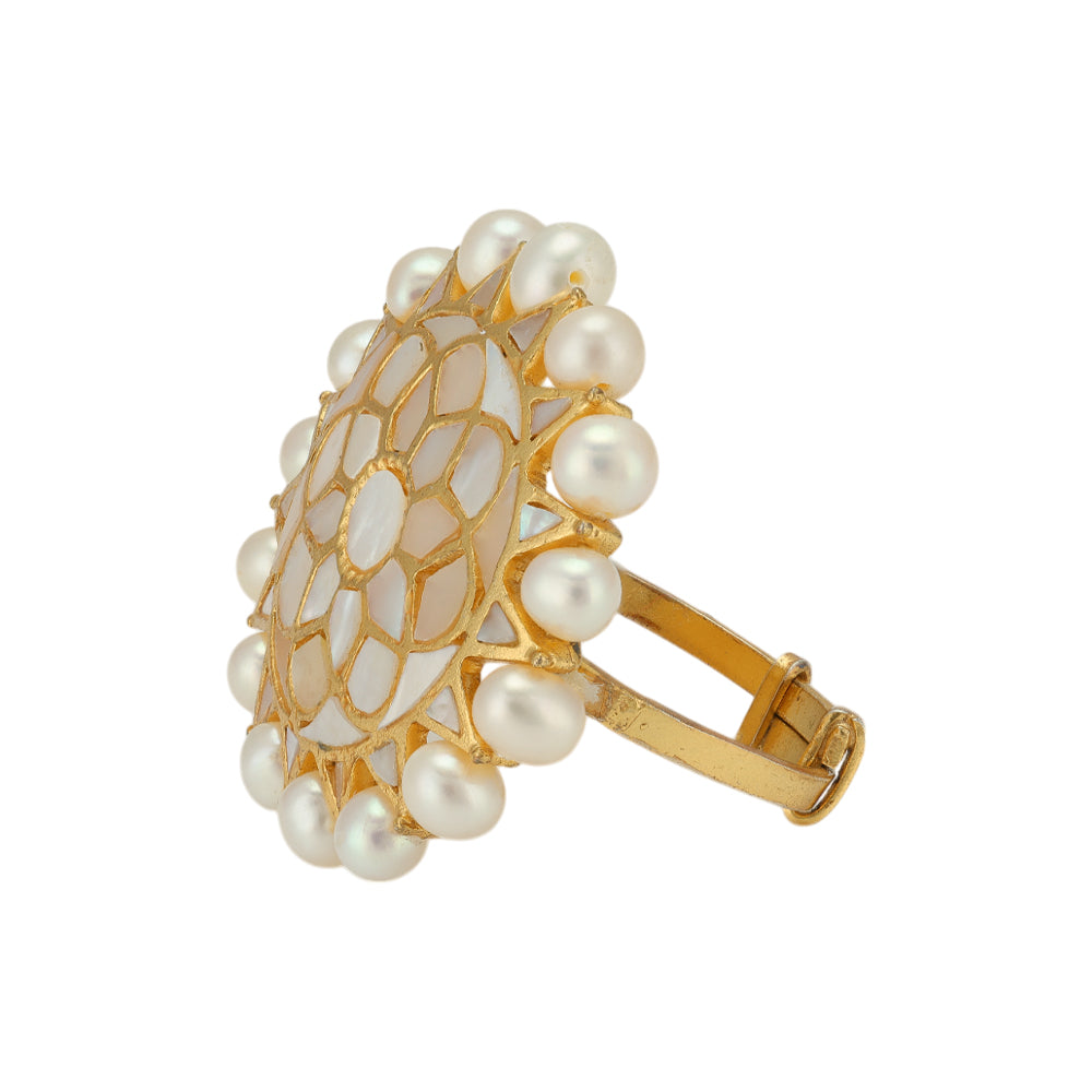 Opulent Blooming Flower Pearl Outer 925 Gold Plated Rings