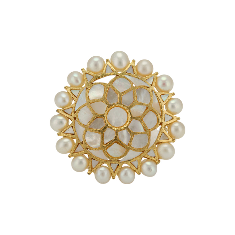 Opulent Blooming Flower Pearl Outer 925 Gold Plated Rings