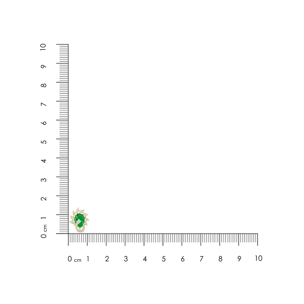 Small green and gold earring on a ruler for scale