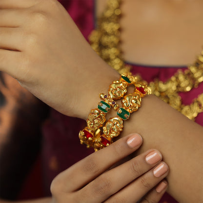 Opulent Peacock Red Green Fusion 925 Gold Plated Bangles