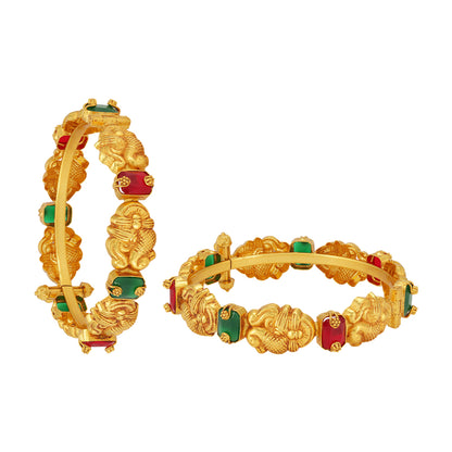 Opulent Peacock Red Green Fusion 925 Gold Plated Bangles