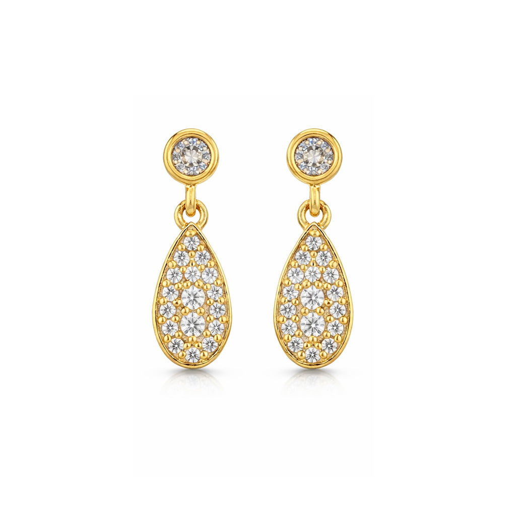 Gold teardrop earrings with clear gemstones on a white background
