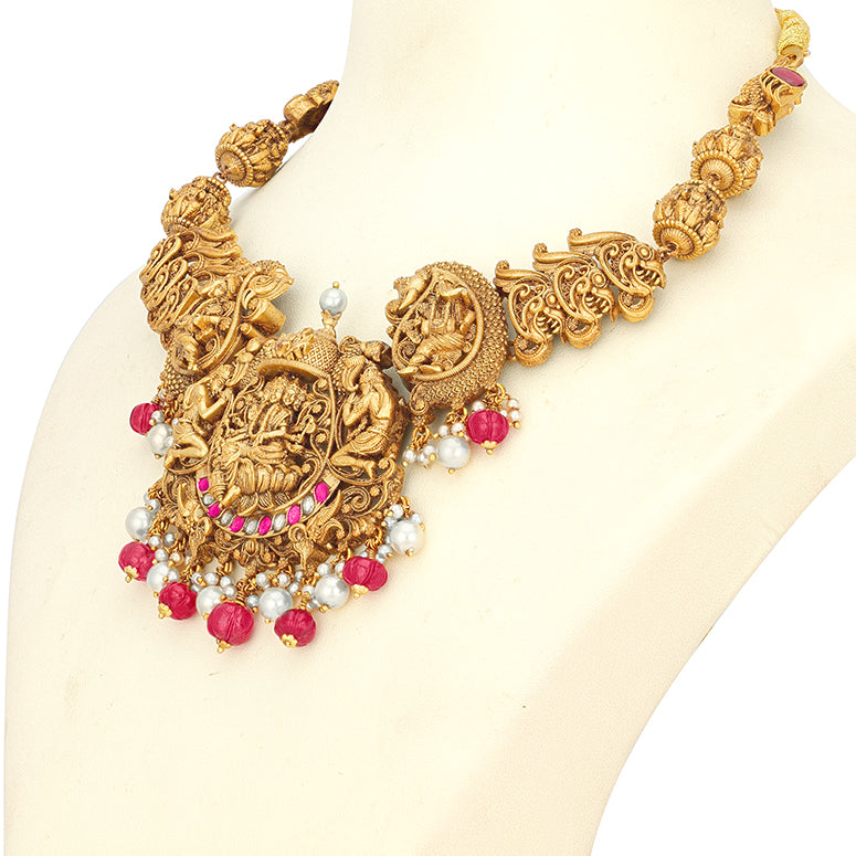 Ornate Goddess 925 Sterling Silver Red Pearl Necklace for Women