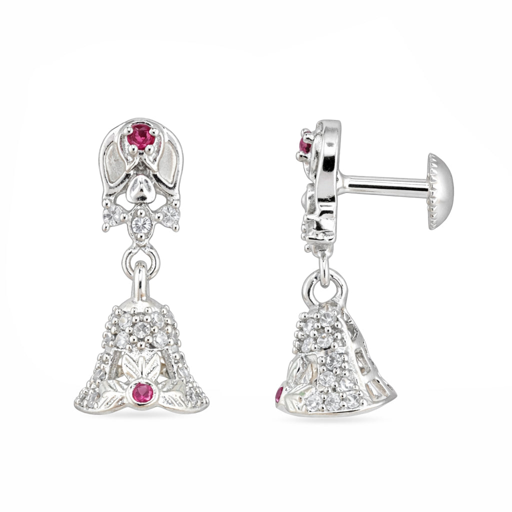 Silver bell-shaped earrings with red gemstones on a white background