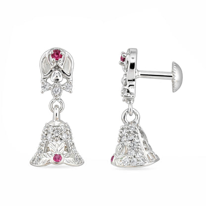 Silver bell-shaped earrings with red gemstones on a white background