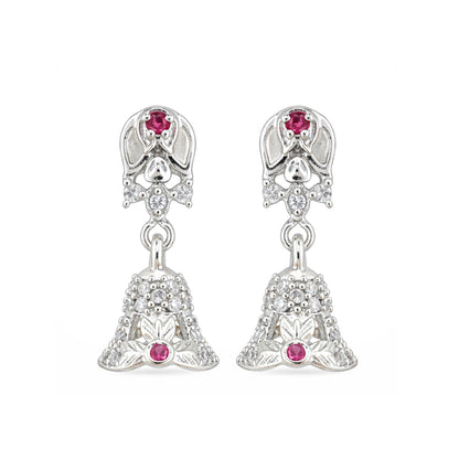 Pair of silver earrings with red gemstones on a white background
