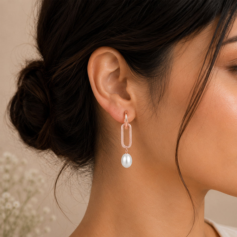 Oval Link Rose Gold Pearl Drop Earrings