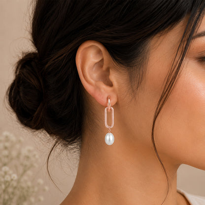 Oval Link Rose Gold Pearl Drop Earrings