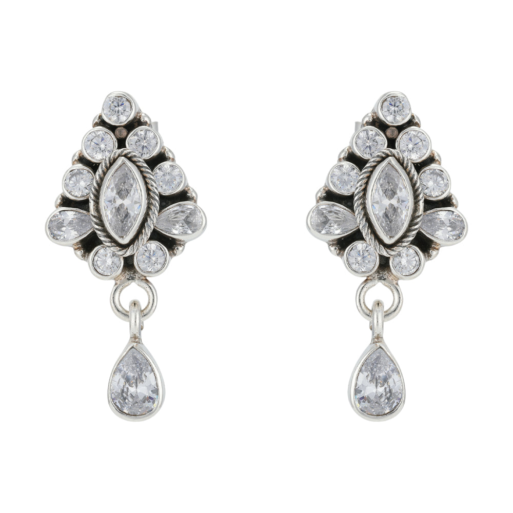 Oval Centered Glittering Stoned 925 Pear Drop Earrings