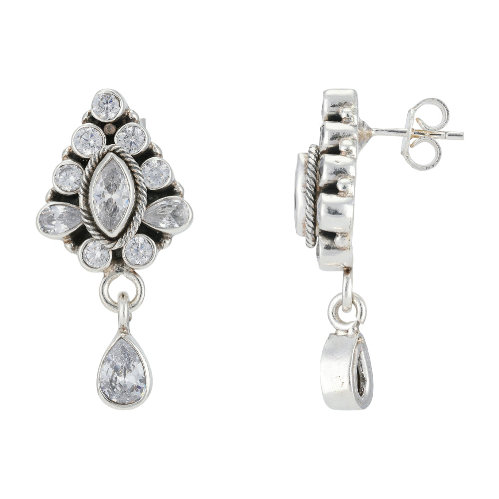 Oval Centered Glittering Stoned 925 Pear Drop Earrings