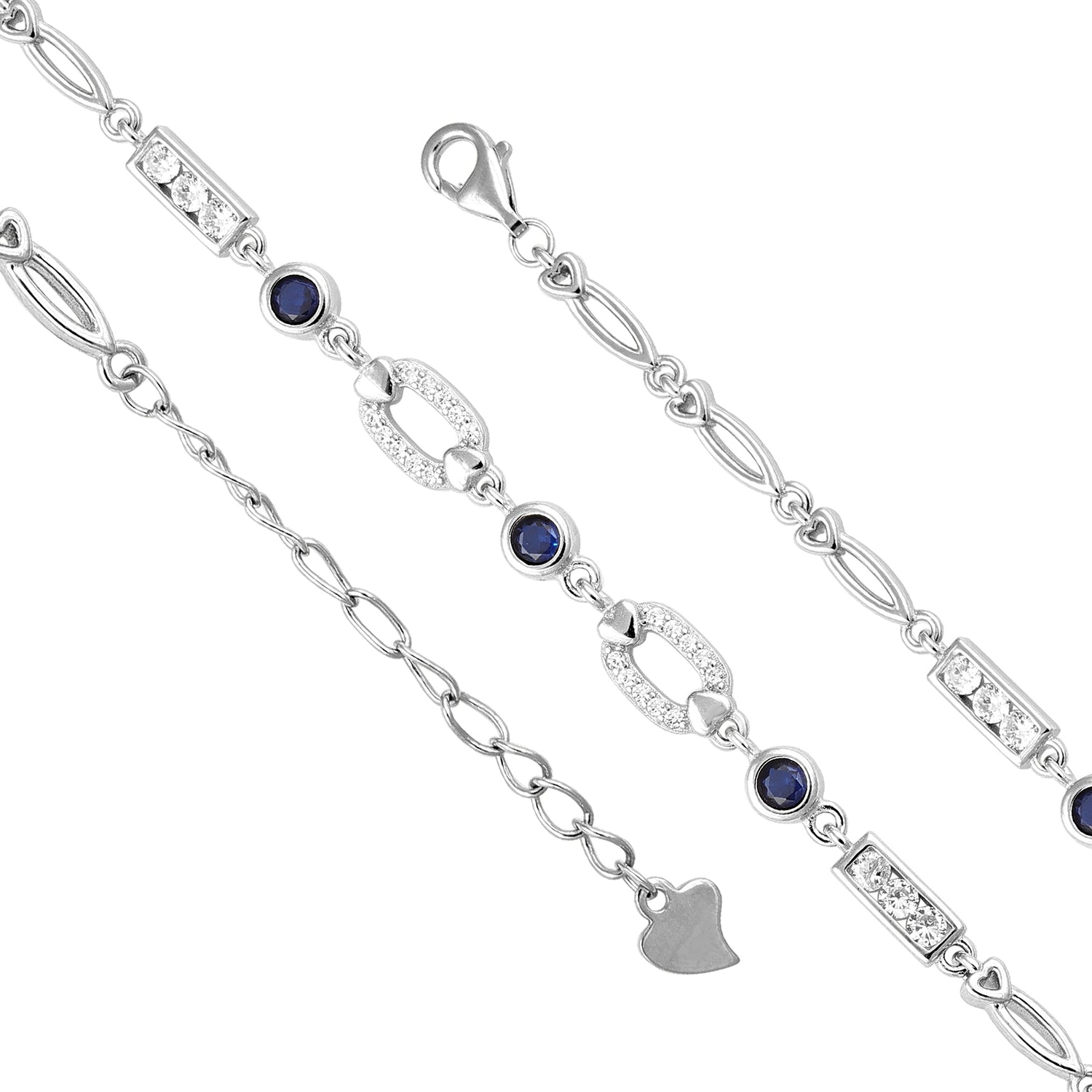 Silver bracelet with blue gemstones and heart charm on a white background