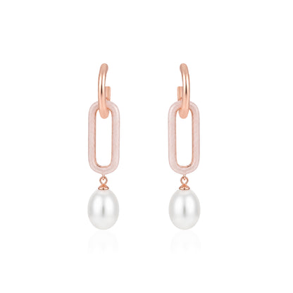 Oval Link Rose Gold Pearl Drop Earrings