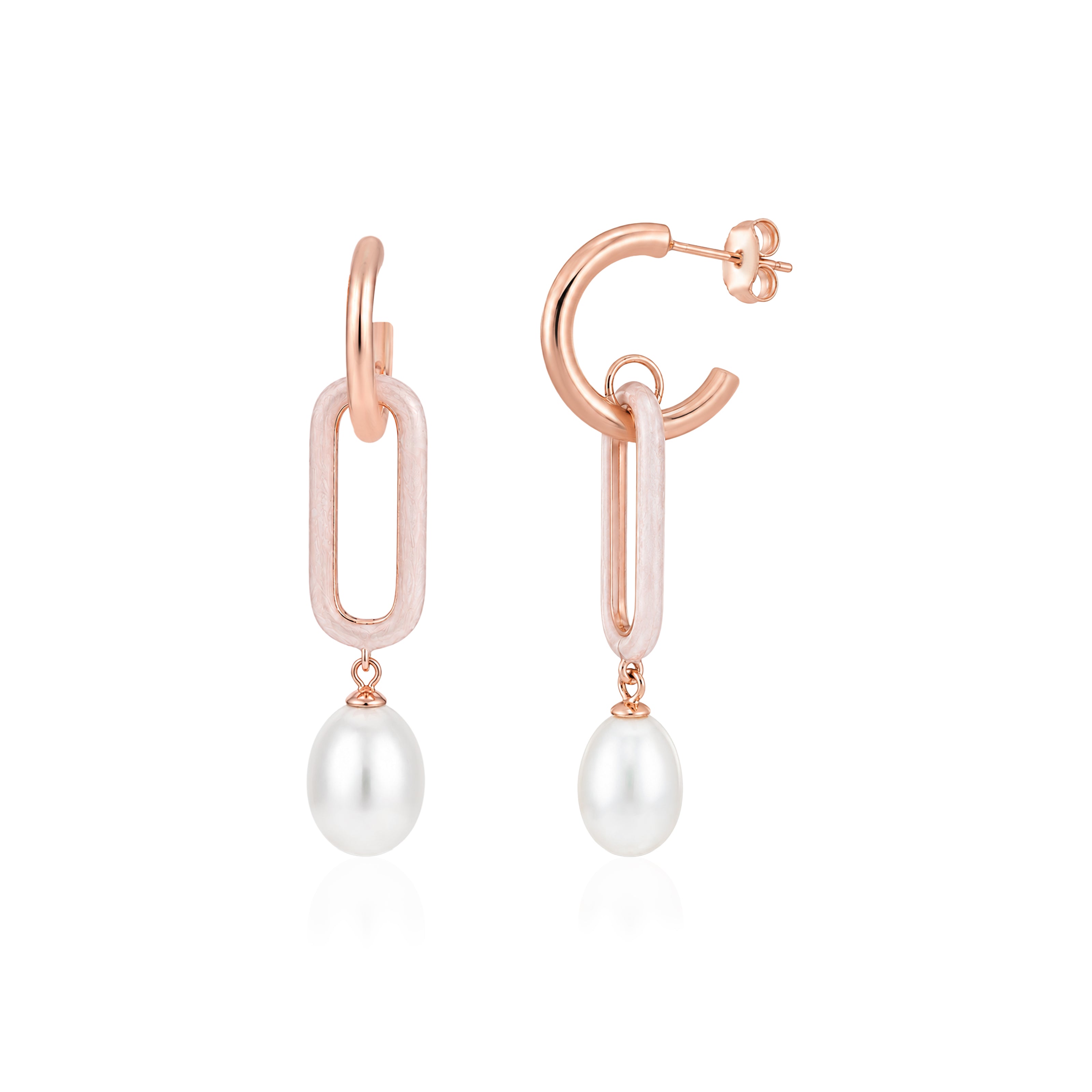 Oval Link Rose Gold Pearl Drop Earrings