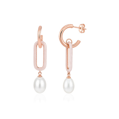 Oval Link Rose Gold Pearl Drop Earrings