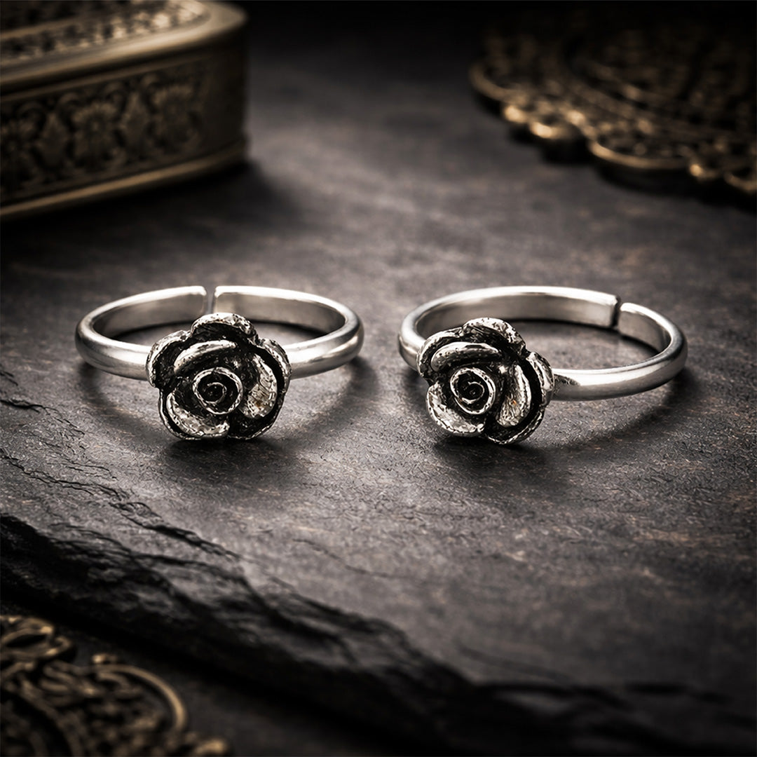 Oxidised Rose Flower 925 Sterling Silver Toe Ring for Women