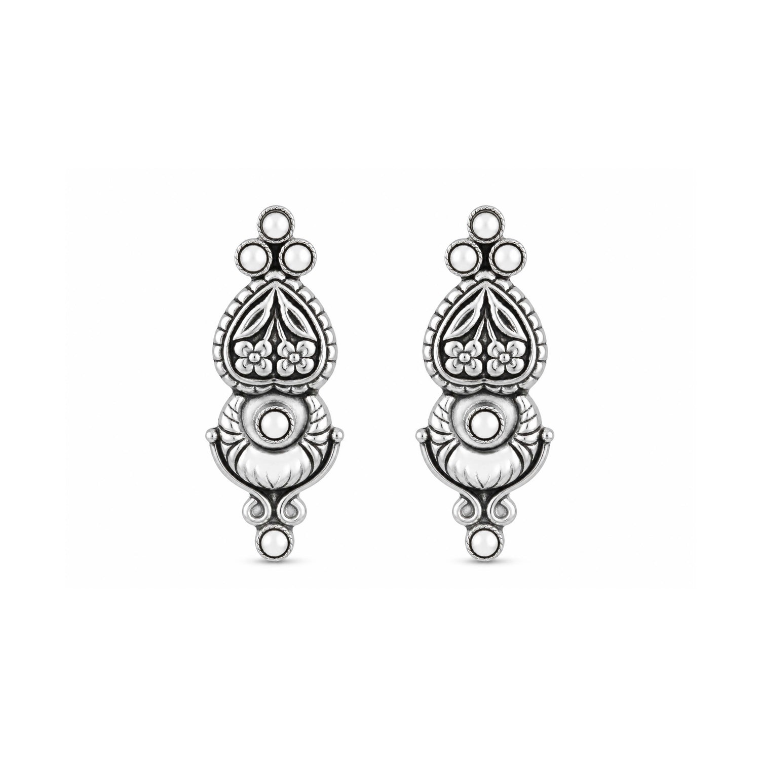 Oxidized Floral Pearl 925 Sterling Silver Earrings