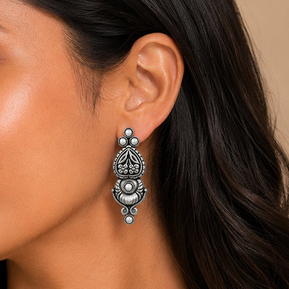 Oxidized Floral Pearl 925 Sterling Silver Earrings