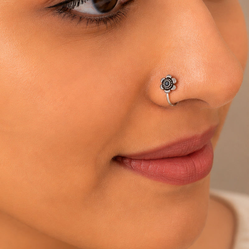 Oxidized Silver Floral Clip On Nose Pin