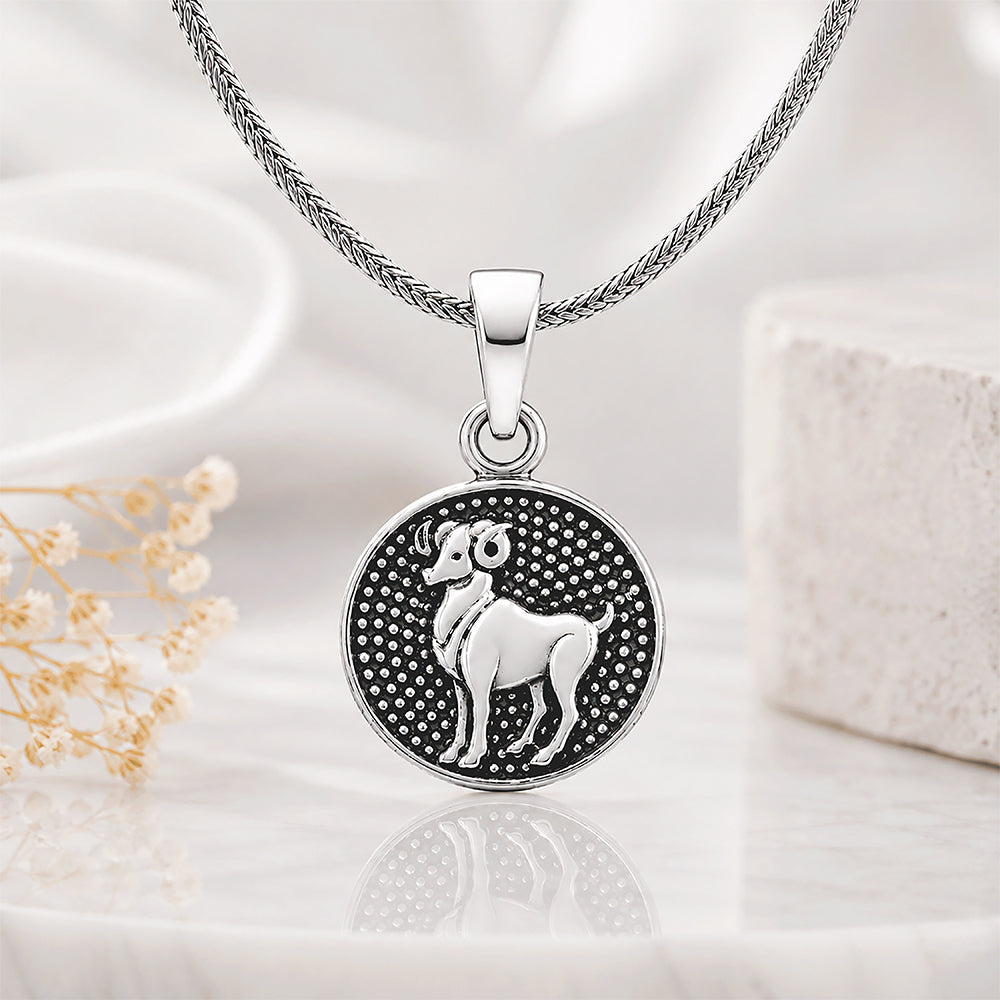 Oxidized Aries Zodiac 925 Sterling Silver Pendant for Men