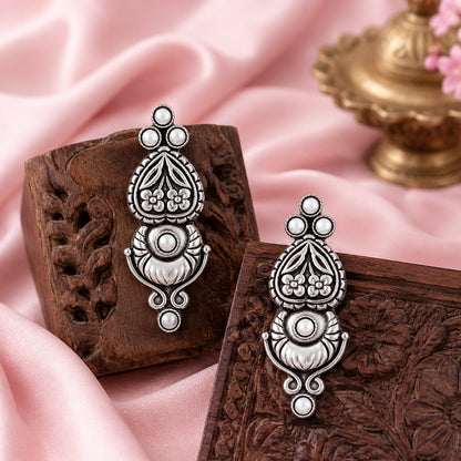 Oxidized Floral Pearl 925 Sterling Silver Earrings