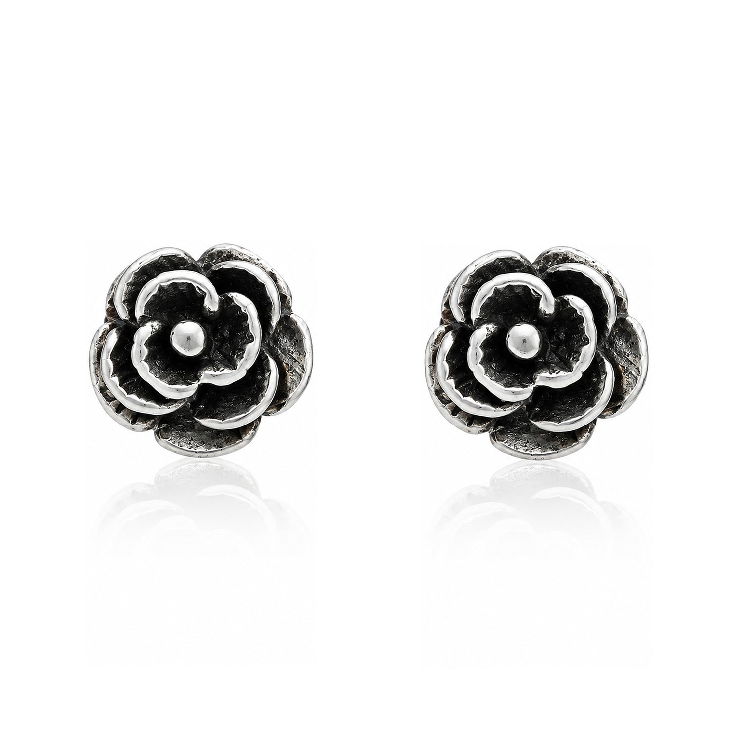 Oxidized Silver Rose Floral Stud Earrings