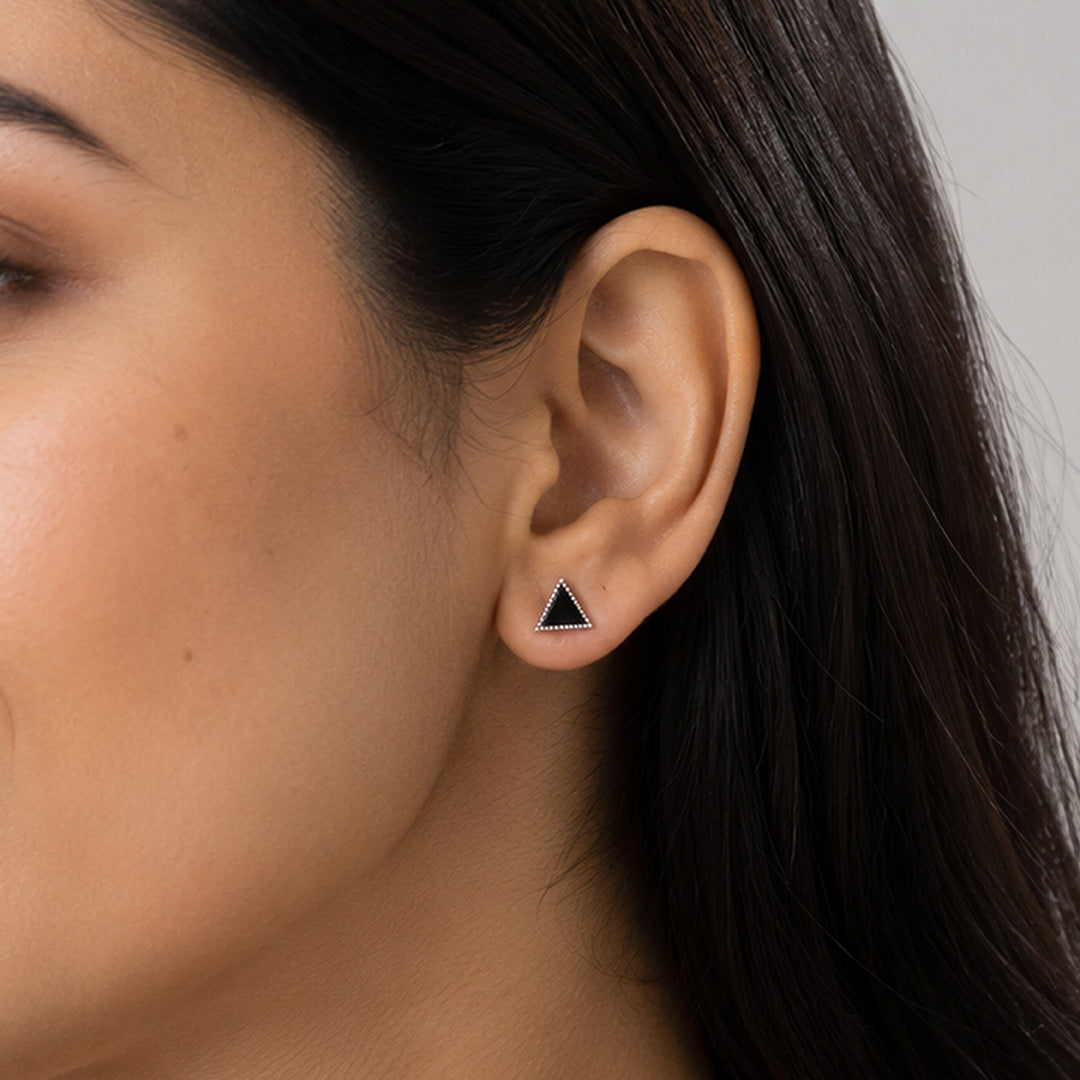 Oxidized Silver Black Triangle Stud Earrings