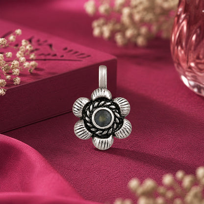Oxidized Silver Floral Clip On Nose Pin