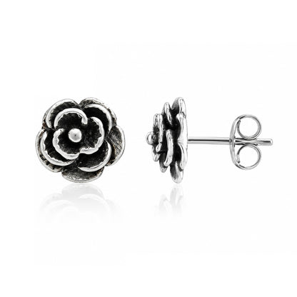 Oxidized Silver Rose Floral Stud Earrings