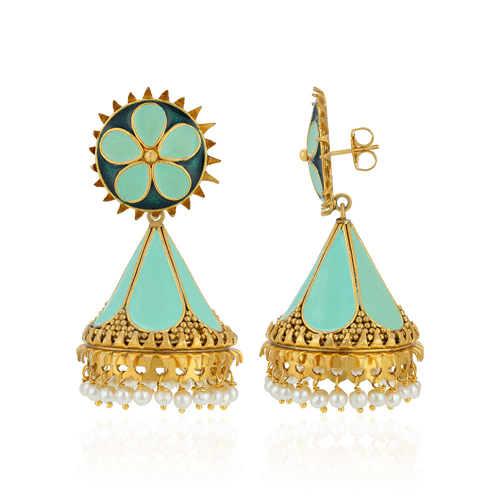 Pastel Mint Enamel Floral Silver Jhumkas with Pearl Drops