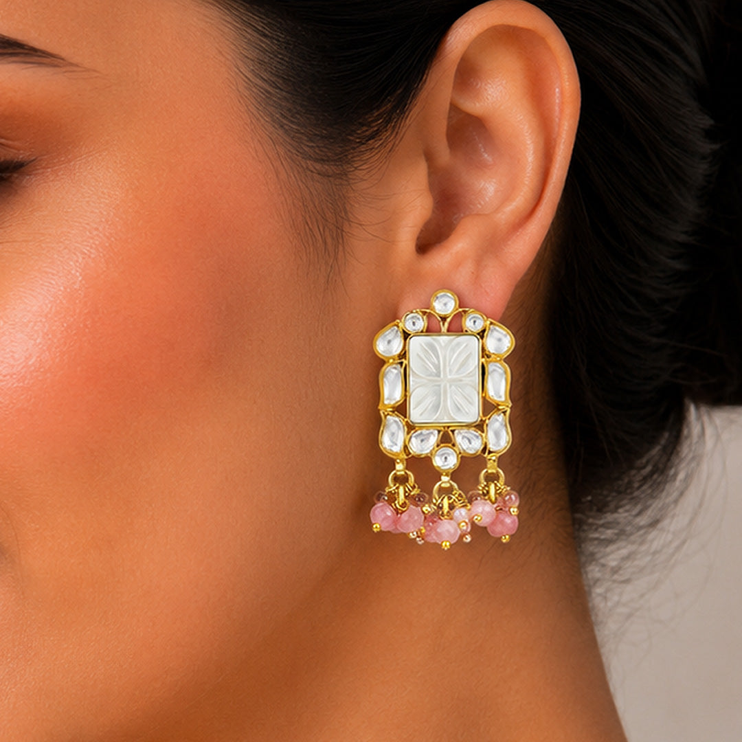 Pastel Polki 925 Sterling Silver Floral Pearl Drop Earrings