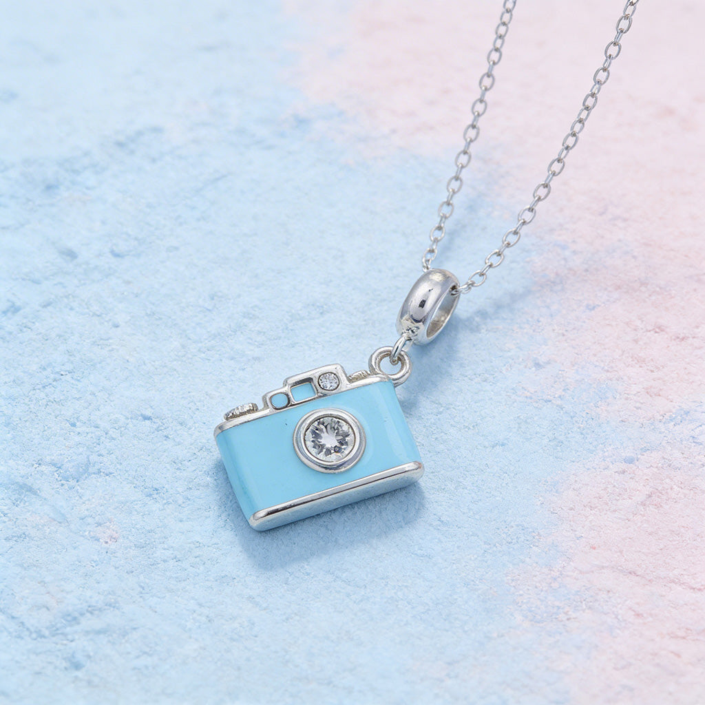 Pastel Blue Vintage Camera 925 Sterling Silver Pendant