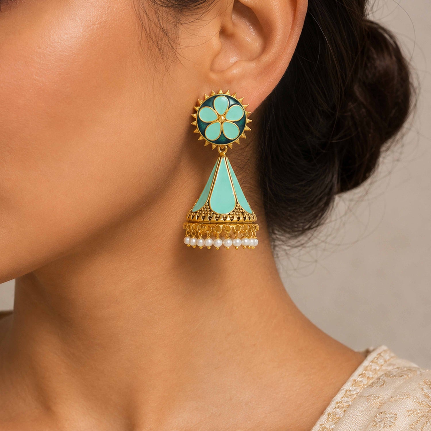Pastel Mint Enamel Floral Silver Jhumkas with Pearl Drops