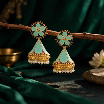 Pastel Mint Enamel Floral Silver Jhumkas with Pearl Drops