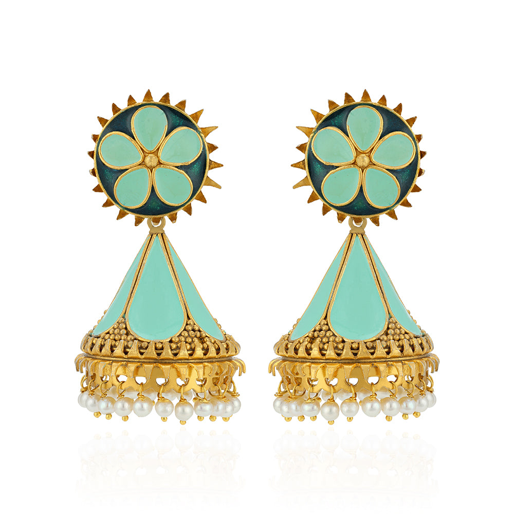 Pastel Mint Enamel Floral Silver Jhumkas with Pearl Drops