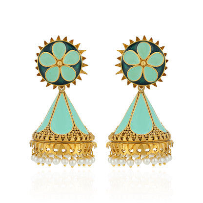 Pastel Mint Enamel Floral Silver Jhumkas with Pearl Drops